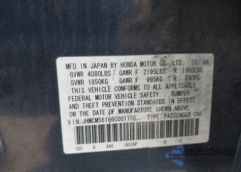 2006 Honda Accord 2.4 Vp z USA, uszkodzony, nr VIN JHMCM56166C001156